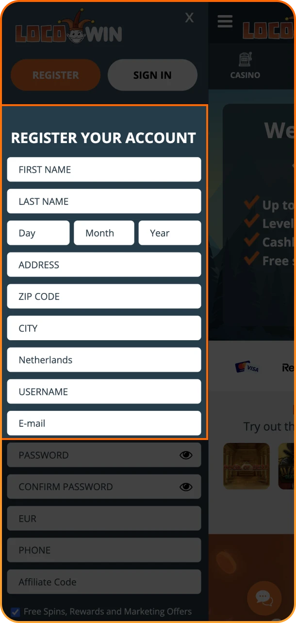 Näyttökuva Locowinin rekisteröintilomakkeesta, jossa näkyy kaikki tarvittavat kentät.